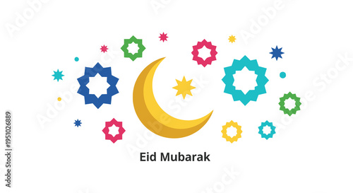 Colorful islamic star and crescent moon design with text a vibrant eid mubarak greeting silhouette