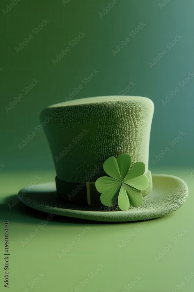Naklejka premium Green leprechaun top hat with four-leaf clover for St. Patrick's Day celebration and luck concept