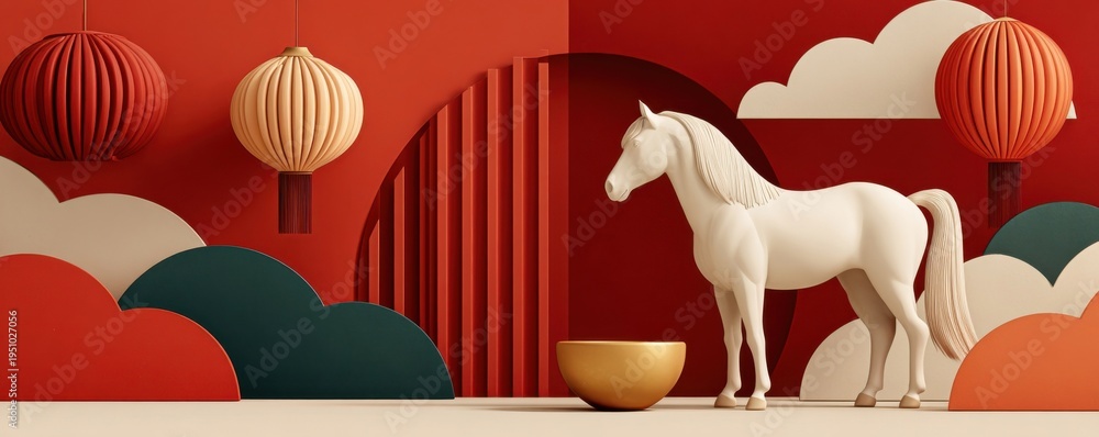 Fototapeta premium Elegant Chinese New Year horse scene with red lanterns and decorative clouds in 3D