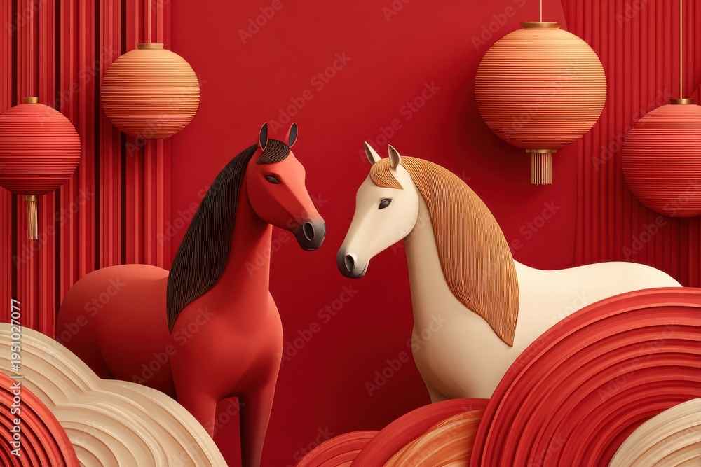 Obraz premium Two stylized horses with lanterns in red celebration scene for Chinese New Year greeting