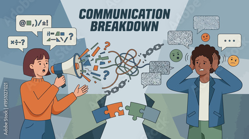 Communication Breakdown Illustrated with People and Tangled Thoughts.