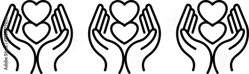 Three pairs of hands cradling hearts in a symbolic gesture of love and care