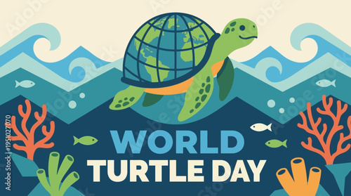 Cute cartoon turtle with globe shell celebrating World Turtle Day.
