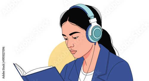 Young woman with black hair focuses on reading a blue book while wearing large over-ear headphones to block out noise.