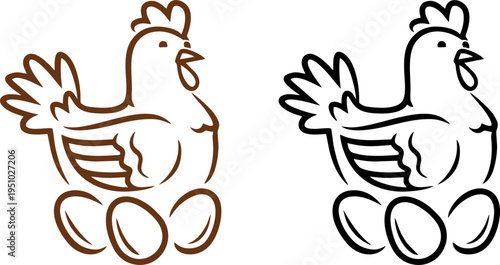 Hen Chicken with Eggs Line Art Vector Illustration
