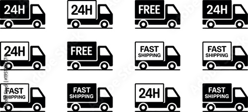 Delivery truck icons with various shipping labels