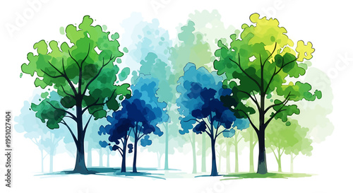 Vibrant watercolor illustration of a lush forest with diverse trees in shades of green and blue, evoking a sense of natural beauty and tranquility