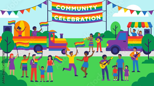 Diverse community celebrating pride with music and joy.