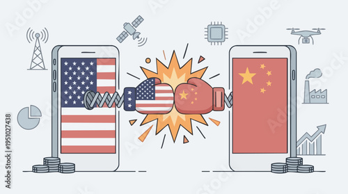 Digital confrontation between America and China represented by smartphone boxing gloves with flags and surrounding technology symbols