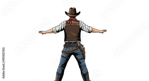 Iconic rugged cowboy wearing a brown vest, hat, and boots stands with his back to the viewer and arms outstretched.