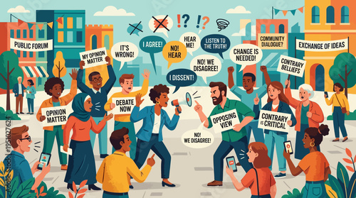 Diverse group of people engaged in a heated public debate and protest.