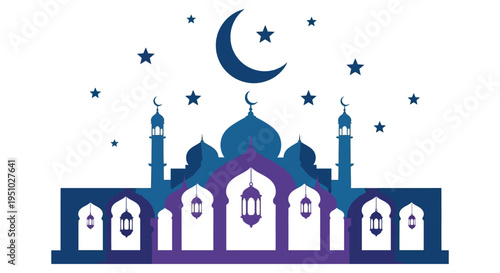 A beautiful islamic mosque and crescent moon design against a starry night sky silhouette high quality