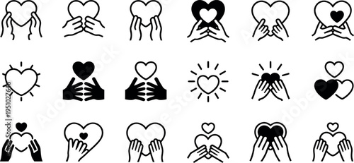 Collection of 18 heart shaped illustrations with various emotions and symbols