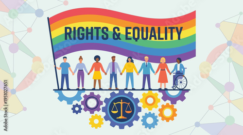 Diverse group of people holding hands under rainbow flag promoting rights and equality.