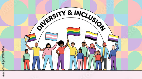 Diverse group of people holding pride flags celebrating diversity and inclusion.