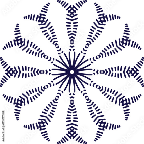 Intricate dark blue geometric mandala design with radiating petallike shapes and symmetrical patterns isolated on a white background creating a sense of symmetry and modern artistry