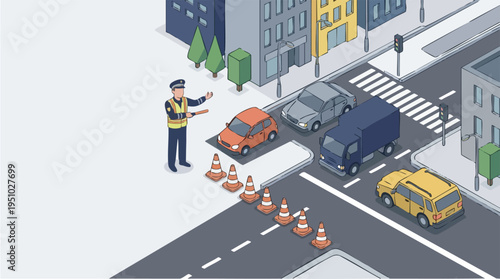 City Traffic Control Scene with Police Officer Managing Roadwork and Vehicles at Urban Intersection