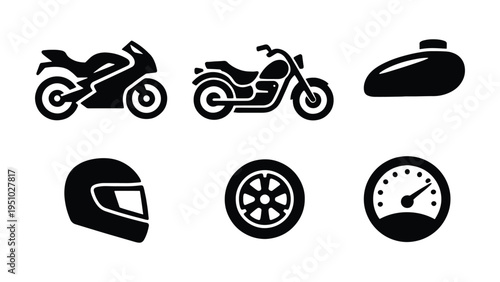 Motorcycle Icons Set – Bike, Helmet, Wheel and Speedometer Illustration