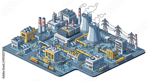 Isometric industrial complex illustration. Modern power plant, factories, and energy infrastructure depict urban electricity generation and manufacturing