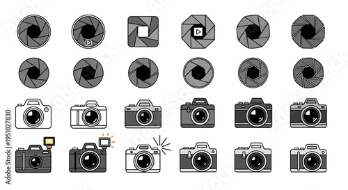Collection of camera icons and lens aperture symbols representing photography and visual technology