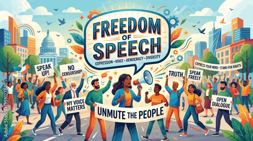 Diverse group of people protesting for freedom of speech.