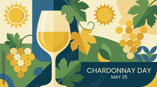 Elegant glass of Chardonnay wine with grape clusters and leaves.