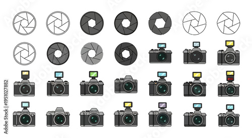 Vector icon collection for photography, featuring diverse camera aperture settings and an assortment of digital camera designs with various flash modes, suitable for graphic projects