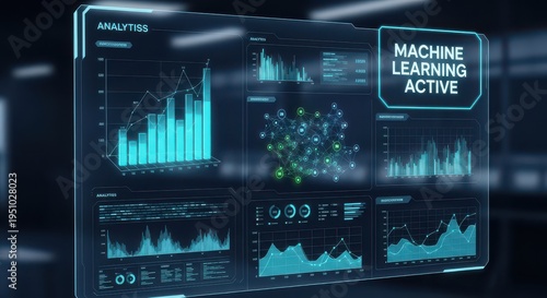 A futuristic holographic display showcasing various data visualizations, charts, and a prominent 