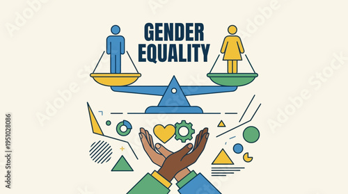 Gender Equality Symbol with Scales and Hands Supporting Hearts.