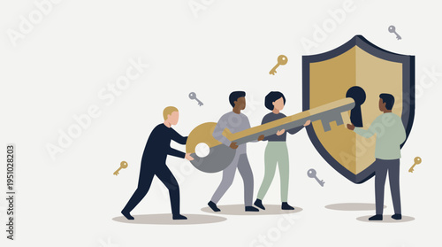 Team of Diverse People Holding a Large Key and Shield Symbolizing Security and Data Protection in Business Collaboration