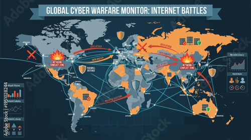 Global Cyber Warfare Monitor Internet Battles World Map.