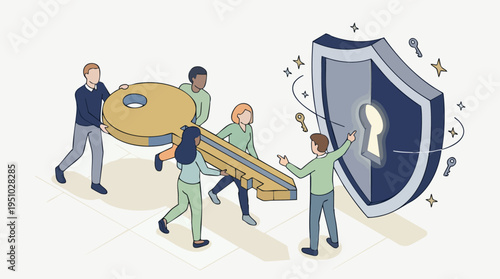 Team of diverse professionals assembling a large key and shield symbolizing cybersecurity and data protection teamwork and security concepts