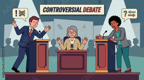 Heated Public Debate with Moderator and Opposing Speakers.