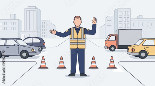 Traffic Control Police Officer in High-Visibility Vest Managing Road Traffic Near Vehicles and Construction Cones in Urban Environment