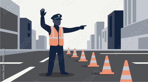 Traffic police officer managing roadwork scene with cones and directing traffic in city urban environment