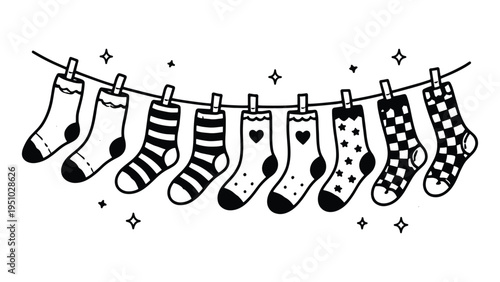 Hanging Socks Illustration – Laundry, Clothing and Cute Pattern Line Art Design