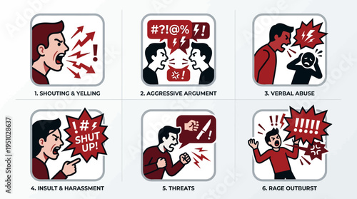 Illustrations depicting various forms of verbal abuse and conflict.