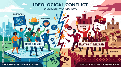 Ideological Conflict Divergent Worldviews People Divided.