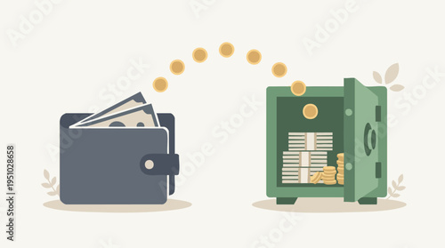 Wallet and safe filled with money representing financial security and savings concepts