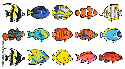 Collection of colorful tropical reef fish illustrations, perfect for educational or decorative purposes.
