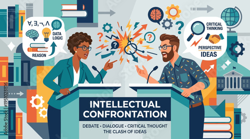 Intellectual Confrontation Debate Dialogue Critical Thinking Clash of Ideas.