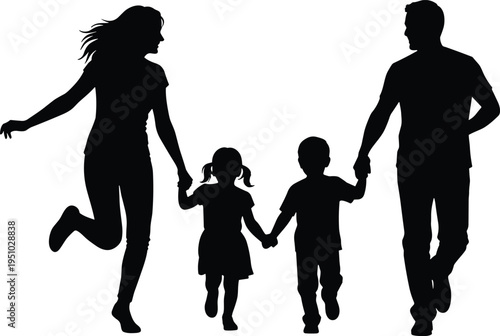 Happy family of four silhouette with mother, father, daughter, and son running together hand in hand on white background, SEO friendly.