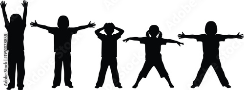 Silhouette of five diverse children standing in a row expressing joy, success, and active play for childhood development and education. (20 words)