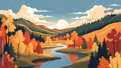 Vector illustration of autumn landscape with river, hills, and trees