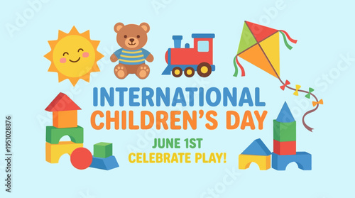 International Childrens Day Celebration with Toys and Sun.