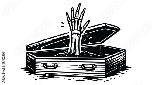 Zombie Hand Rising from Coffin Illustration – Horror Halloween Skeleton Concept