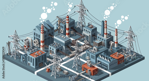 Isometric illustration depicting an industrial power plant with smoking chimneys and electrical grid infrastructure