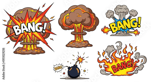 Explosions and Comic Style Bangs with Bomb and Fire Elements