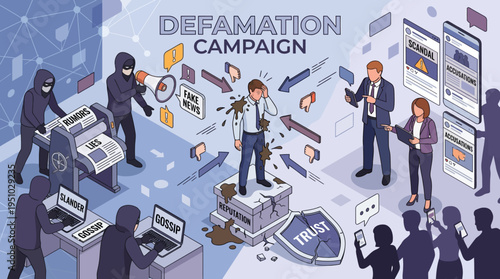Isometric illustration of a man experiencing a defamation campaign.