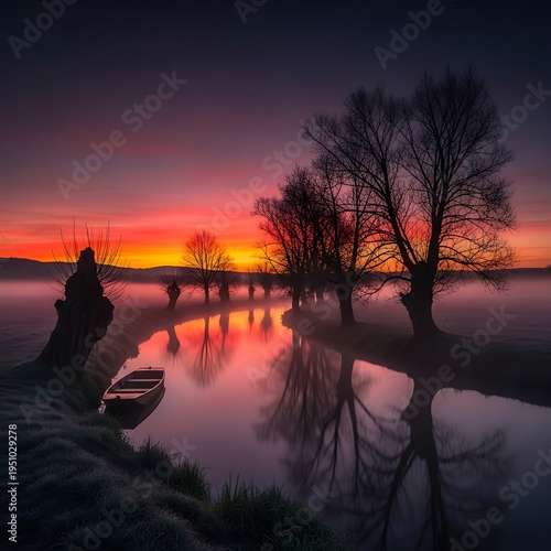 Small boat on a misty river at vibrant sunrise with bare trees reflecting in calm water